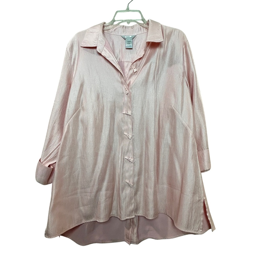 Multiples Button Down Tunic Women XL Pink Shimmer Pastel Blouse Lagenlook Flowy